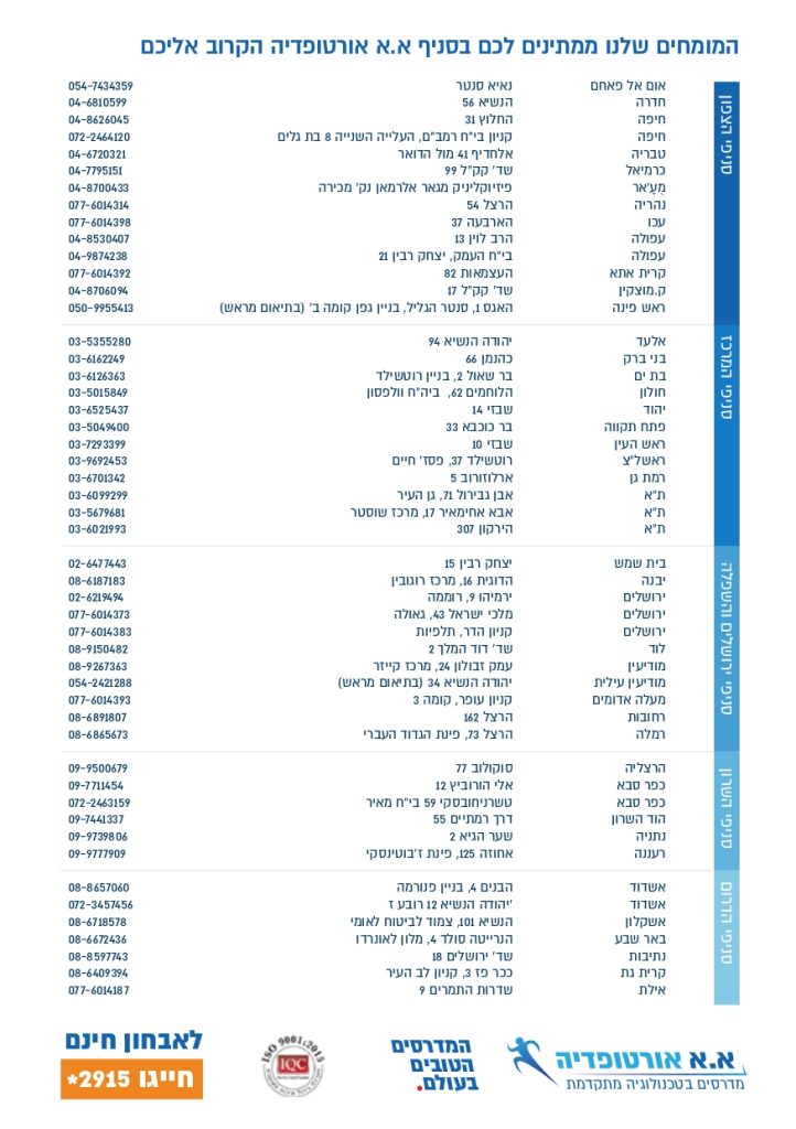 רשימת סניפי אא אורטופדיה